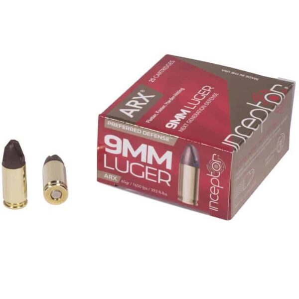 25 round box of Inceptor 9mm ARX Handgun Ammo