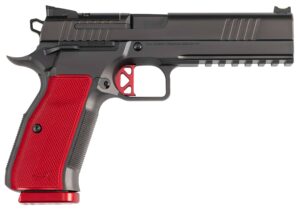 Dan Wesson 92003 DWX  9mm Luger 19+1 4.95" Black Match Grade Barrel, Black DLC Optics Ready Serrated Steel Slide, Black Aluminum Frame w/Beavertail & Picatinny Rail, Red Textured Aluminum Grip
