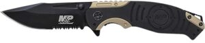 Smith & Wesson Knives SWP13BSCP M&P  3.50" Folding Drop Point Part Serrated Stonewashed 8Cr13MoV SS Blade/Black & Tan Aluminum Handle Includes Pocket Clip