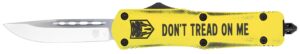 CobraTec Knives MDTOMFS3DNS FS-3 Don't Tread On Me Medium 3" OTF Drop Point Plain D2 Steel Blade Yellow w/"Don't Tread On Me" Aluminum Cerakoted Handle Features Glass Breaker Includes Pocket Clip