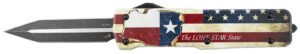Templar Knife LZTX121 Premium Weighted Texan Large 3.55" OTF Dagger Plain Black Oxide Stonewashed D2 Steel Blade, 5.25" Red/White/Blue w/"The LONE STAR State" Aluminum Zinc Alloy Handle