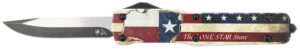 Templar Knife MZTX321 Premium Weighted Texan Slim 3.16" OTF Drop Point Plain Black Oxide Stonewashed D2 Steel Blade, 4.93" Red/White/Blue w/"The LONE STAR State" Aluminum Zinc Alloy Handle