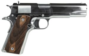 Tisas 10100513 1911 Regulator Full Size Frame 9mm Luger/38 Super 9+1 5" Stainless Steel Barrel, Polished Chrome Steel Serrated Slide, Chrome High Polished Steel Frame w/Beavertail, Turkish Walnut Grip
