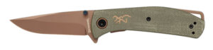 Browning 3220516B Trailside  EDC Small 3" Folding Modified Drop Point Plain Titanium Finish D2 Steel Blade, Green Micarta Handle, Boxed Pkg