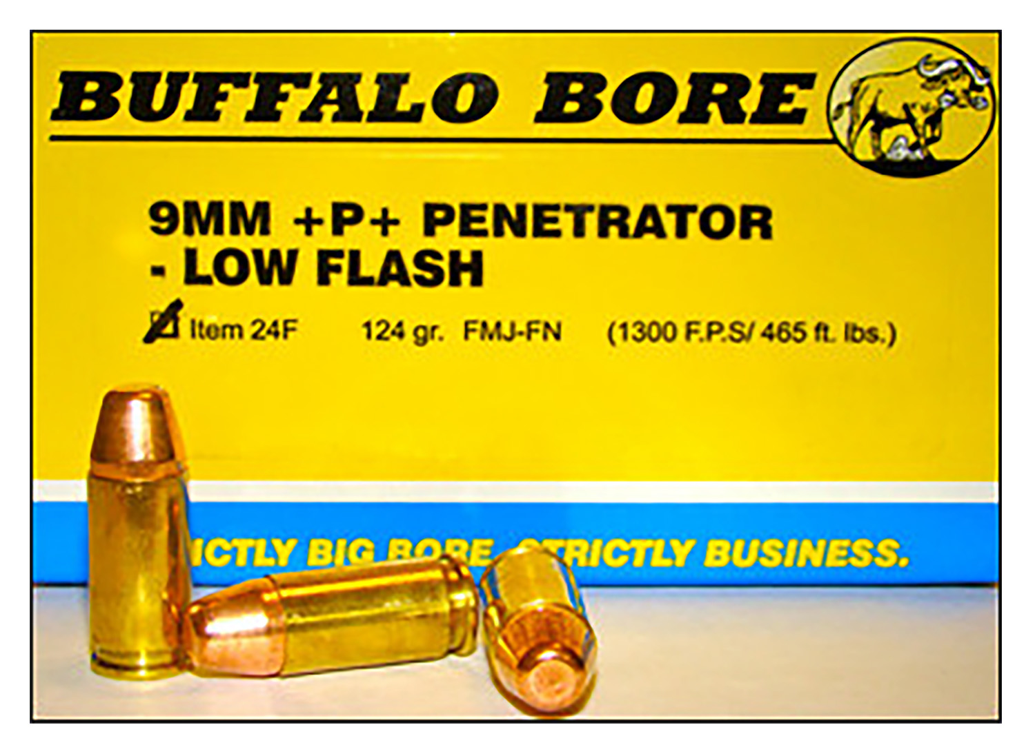Buffalo Bore Ammunition 24F20 Penetrator Strictly Business 9mmLuger +P+ 124gr Full Metal Jacket Flat Nose 20 Per Box/12 Case