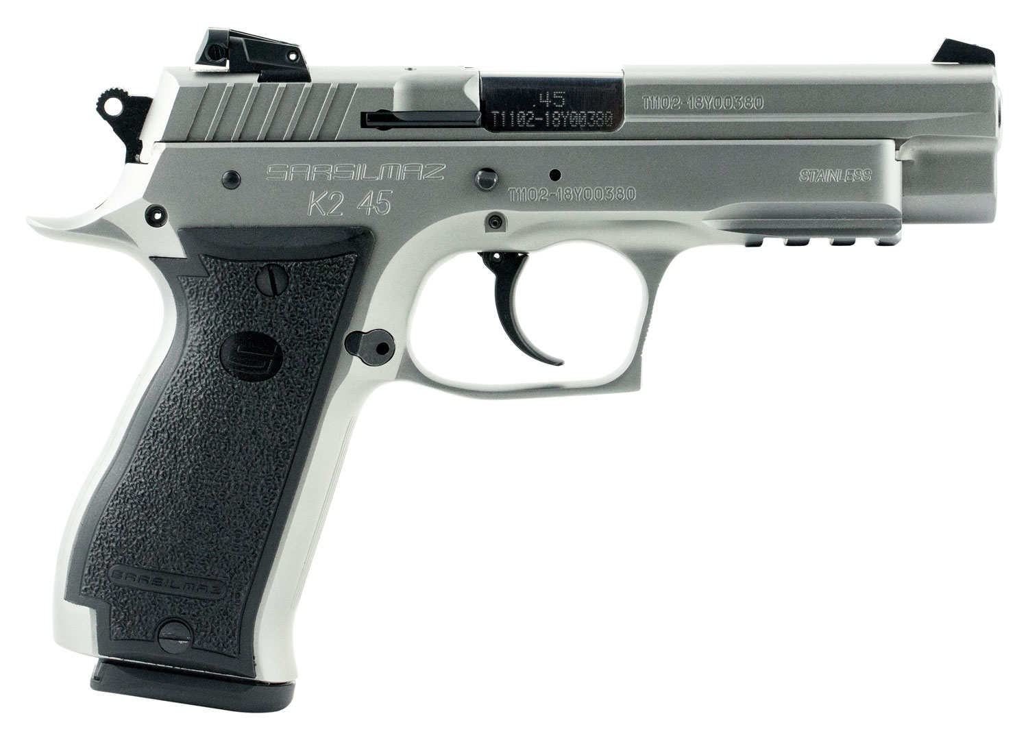 SAR USA K245ST K2 45 ACP 14+1, 4.70" Black Steel Barrel, Stainless Steel Serrated Slide, Stainless Steel Frame w/Beavertail & Picatinny Rail, Black Polymer Grip, Manual Thumb Safety, Right Hand