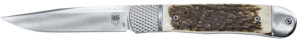CobraTec Knives CTTHRSTG Trapper Hidden Release 3.12" Flip Open Drop Point Plain Satin D2 Steel Blade, 4.25" Stag Scales Handle