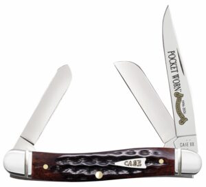 Case 55232 Pocket Worn Stockman Medium Folding Clip Point/Pen/Sheepsfoot Plain Tru-Sharp SS Blade, Mahogany Corn Cob Jigged Bone Handle