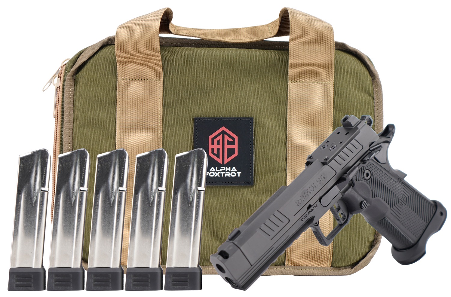 Alpha Foxtrot AA39X1CIG-XDBK20-PROM AF1911 Romulus Promo 9mm Luger 20+1 4.25" Black Bull Ramped Compensated Barrel, Polished DLC Stainless Steel Optic Ready/Serrated Slide & Frame w/Beavertail & Picat