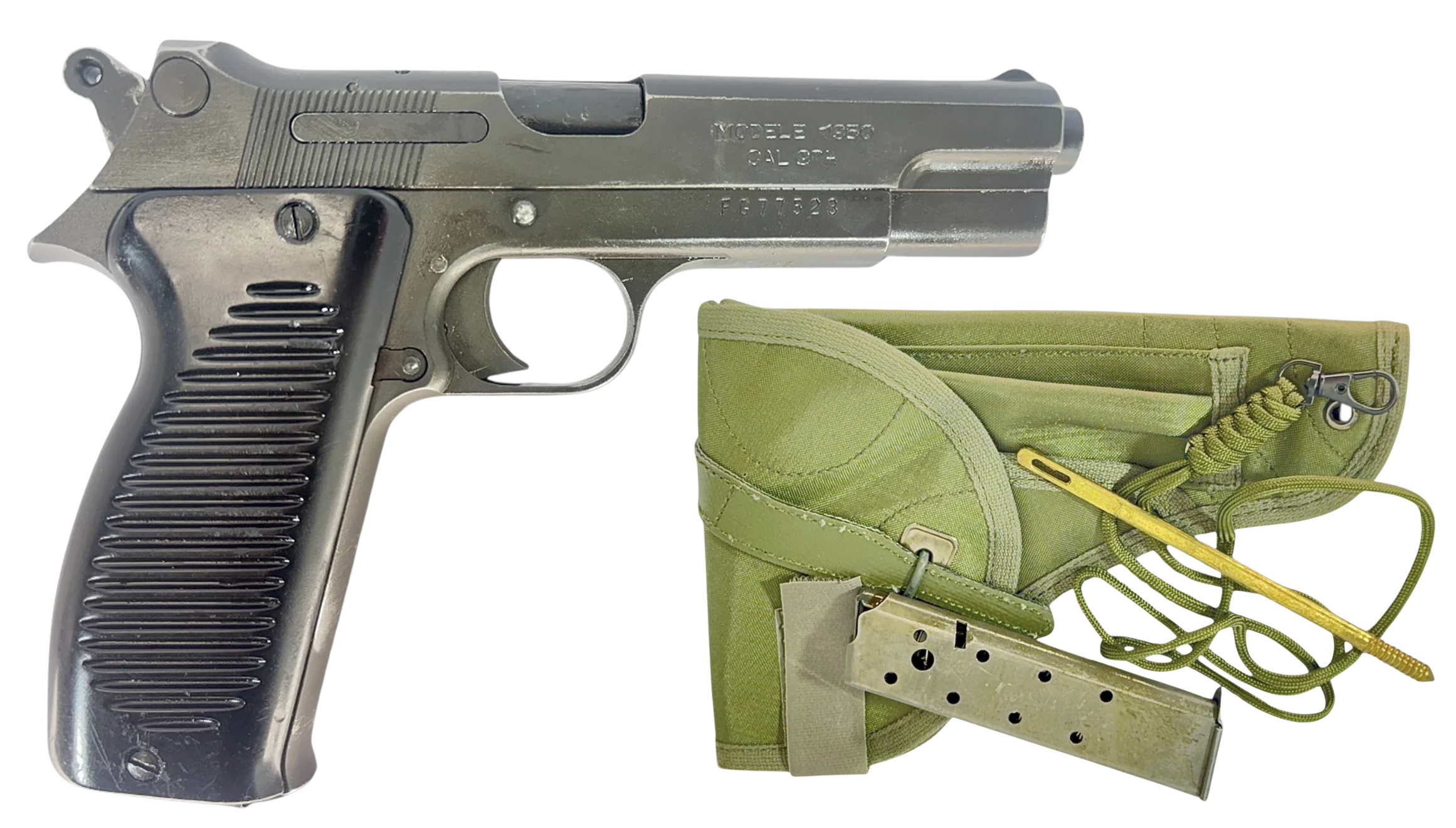 NAVY ARMS MAC 50 PISTOLS SURPLUS 9MM PISTOL W/ HLSTER, CLEANING KIT, LANYARD, ORIGINAL FRENCH MANUAL